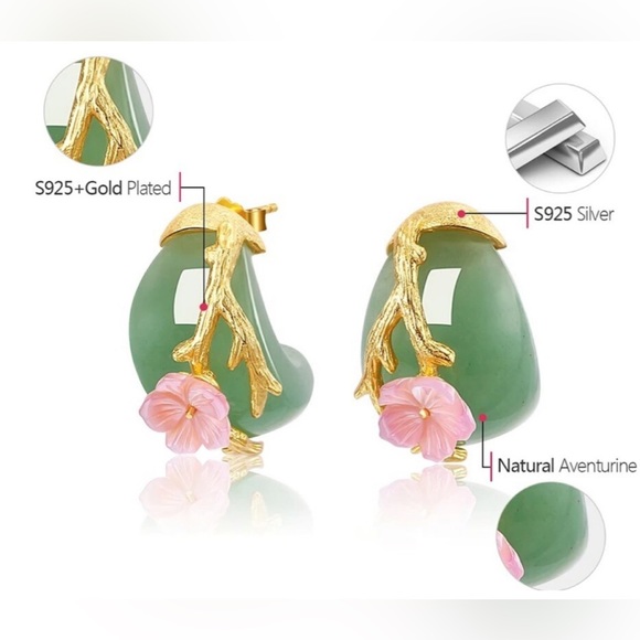 Artisan Handmade 925 Silver Natural Aventurine Quartz Earrings - Picture 12 of 14